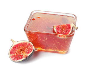 Bowl of sweet fig jam on white background