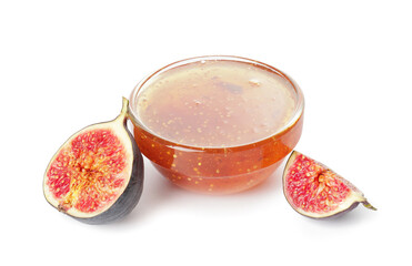Bowl of sweet fig jam on white background