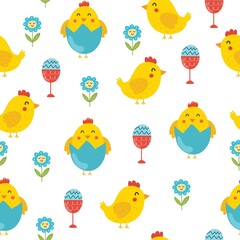 Easter seamless pattern with cute chicks. Spring chick in eggshell background. Great for textile, gift paper or prints. Vector illustration