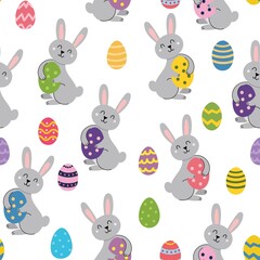 Cute Easter rabbit with egg seamless pattern. Springtime background in cartoon style for kids with funny rabbit. Vector illustration
