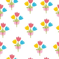 Cute tulips seamless pattern. Springtime background in cartoon style for kids. Easter flowers. Great for textile, gift paper or prints. Vector illustration
