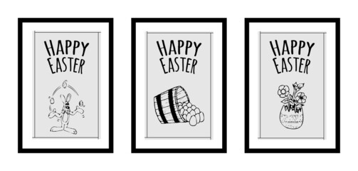 Three different design minimalist poster for happy easter in black frame with eggs,nest, typography - vector