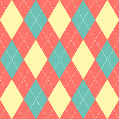 Easter Argyle plaid. Scottish pattern in red, blue and yellow rhombuses. Scottish cage. Traditional Scottish background of diamonds. Seamless fabric texture. Vector illustration