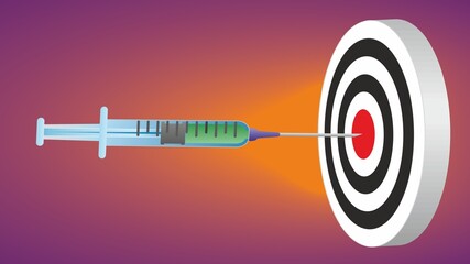 Syringe and dart board. The image could represent goals in corona virus programme, but also other programs for vaccinations or injectiones. Dimensions is 16:9. Vector illustration. EPS10.