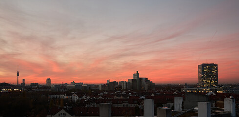 View of the Olympic Village in Munich. With Olympic Tower. Sunset.