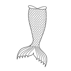 Hand drawn mermaid tail silhouette isolated on white background. Outline element for sea party, greeting or invitation card. Design for clothing print. Doodle vector illustration.