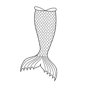 Hand drawn mermaid tail silhouette isolated on white background. Outline element for sea party, greeting or invitation card. Design for clothing print. Doodle vector illustration.