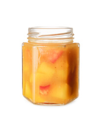 Jar with tasty mango sauce on white background