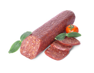 Tasty salami on white background