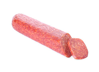 Tasty salami on white background