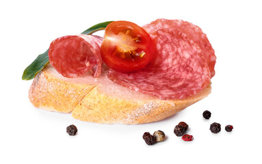 Obraz premium Tasty sandwich with salami on white background