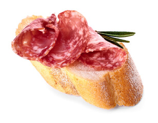 Obraz premium Tasty sandwich with salami on white background
