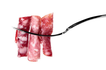Fork with tasty salami on white background