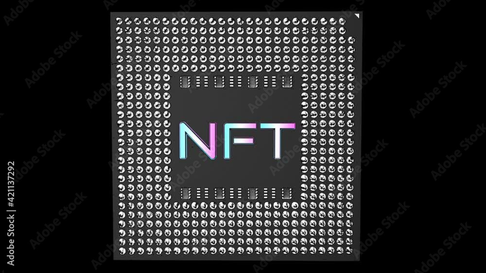 Poster abstract three-dimensional cube with the inscription nft rotates on a black background. crypto art c
