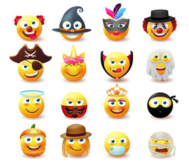 Smileys costume character vector set. Smiley emoji in cute and scary masquerade party design with mask emoticon characters like clown, witch and ghost for avatar collection. Vector illustration
