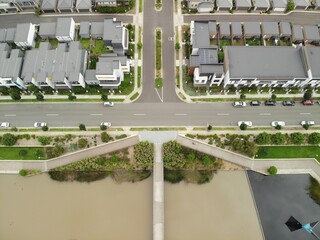 Aerial image of modern apartment buildings and housing estate.