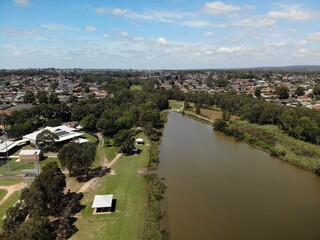 Fototapeta na wymiar Drone photo of surveyors creek, Glenmore Park, NSW, Australia