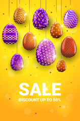 happy easter holiday celebration sale banner flyer or greeting card with decorative eggs vertical