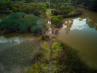 Drone photograph of the blue hills wetlands in glenmore park, NSW, australia.