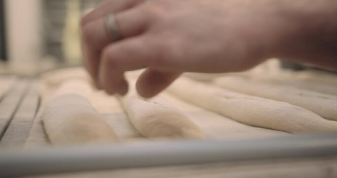 Bearded male baker preparing dough for artisan baguettes working in industrial bakery