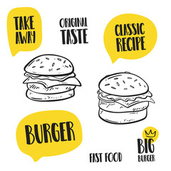 Hand drawn burger and typography set