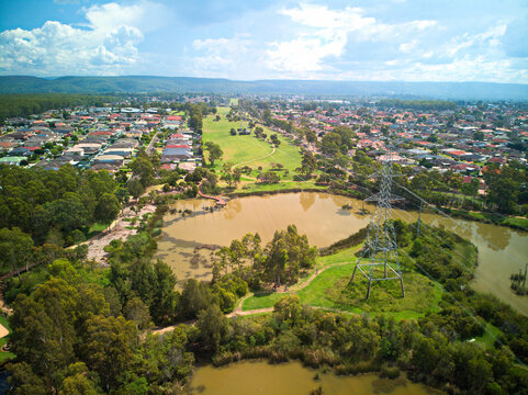 Drone photograph of the blue hills wetlands in glenmore park, NSW, australia.