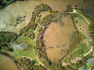Drone photograph of the blue hills wetlands in glenmore park, NSW, australia.