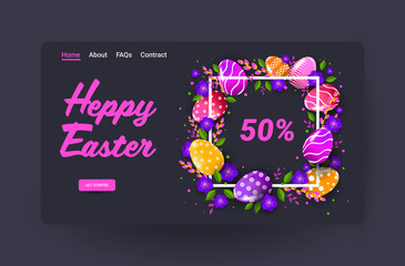 happy easter holiday celebration sale banner flyer or greeting card with decorative eggs and flowers