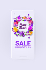 happy easter holiday celebration sale banner flyer or greeting card with decorative eggs and flowers