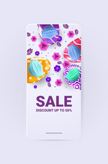 decorative eggs wearing masks to prevent coronavirus pandemic happy easter holiday celebration sale banner