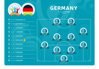 Germany line-up Football 2020 tournament final stage vector illustration. Country team lineup table and Team Formation on Football Field. 2020 soccer tournamet Vector country flags.
