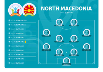 North macedonia line-up Football 2020 tournament final stage vector illustration. Country team lineup table and Team Formation on Football Field. 2020 soccer tournamet Vector country flags.