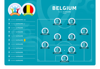 Belgium line-up Football 2020 tournament final stage vector illustration. Country team lineup table and Team Formation on Football Field. 2020 soccer tournamet Vector country flags.