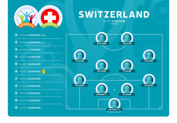Switzerland line-up Football 2020 tournament final stage vector illustration. Country team lineup table and Team Formation on Football Field. 2020 soccer tournamet Vector country flags.