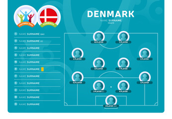Denmark line-up Football 2020 tournament final stage vector illustration. Country team lineup table and Team Formation on Football Field. 2020 soccer tournamet Vector country flags.