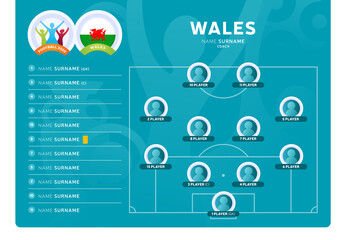 Wales line-up Football 2020 tournament final stage vector illustration. Country team lineup table and Team Formation on Football Field. 2020 soccer tournamet Vector country flags.