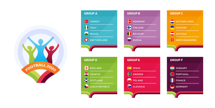 European football 2020 tournament final stage groups vector stock illustration. 2020 European soccer tournament with background. Vector country flags