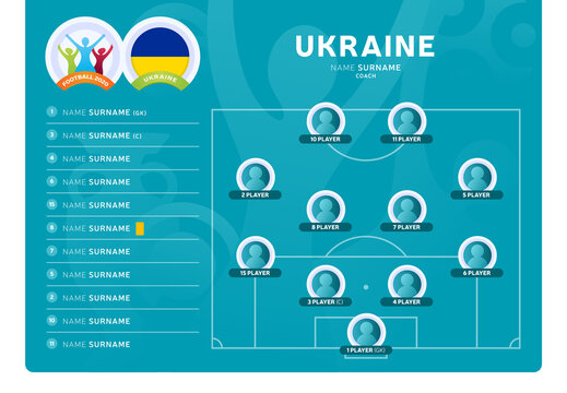 Ukraine line-up Football 2020 tournament final stage vector illustration. Country team lineup table and Team Formation on Football Field. 2020 soccer tournamet Vector country flags.
