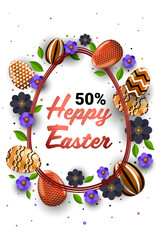 happy easter holiday celebration sale banner flyer or greeting card with decorative eggs vertical