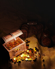 Golden Coins and vintage treasure chest made of wooden panels Reinforced with gold metal and gold...