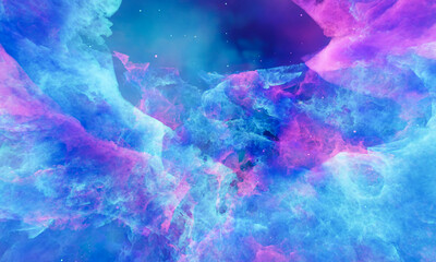 Aerosol clouds, space haze or cosmic rays, pink, pastel blue, space sky with many stars. Travel in the universe. 3D Rendering