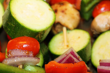 Close-up of raw vegetable skewers, with green pepper, red pepper, zucchini, mushrooms, red onion, cherry tomato, and seasoning.