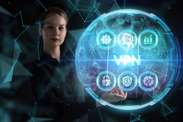 Business, technology, internet and network concept. Young businessman thinks over the steps for successful growth: VPN