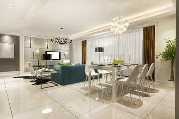 3d rendering modern dining room and living room with luxury decor