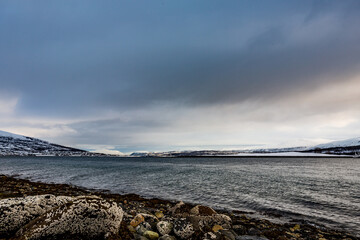 Northern Norway, winter cloudy landscape with fjords covered in snow. Scene near Tromsø. Rocks on the shore in the foreground, big bridge in the background