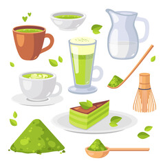 Japanese ethnic and national tea ceremony. Collection of matcha tea products. Matcha powder, tea cup, bamboo spoon, biscuit, chasen, cha shaku, chawan, latte cups, glass milk jug. Cartoon vector set.