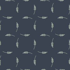 Abstract geometric seamless botany pattern with simple branches silhouettes. Blue pastel background.