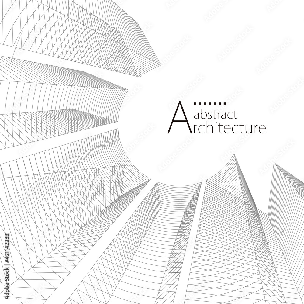 Poster Modern architecture urban 3D illustration. Architecture building construction perspective line drawing design abstract background.