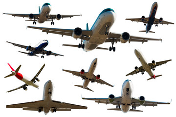 Airplanes flying, collection isolated on white background