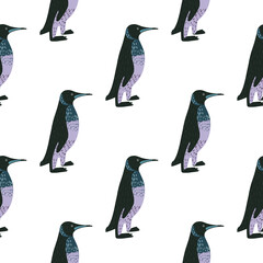Naklejka premium Isolated seamless pattern with doodle funny penguin ornament. WHite background. Exotic zoo backdrop.